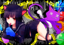 Rule 34 | 1girl, animal ears, animal hands, artist request, bare legs, bare shoulders, black hair, blush, brown eyes, candy, cat ears, caution tape, chat noir (module), commentary request, dual wielding, envy cat walk (vocaloid), food, foreshortening, gloves, hatsune miku, holding, keep out, loafers, lollipop, long hair, looking at viewer, mouth hold, \\n/, non-web source, paw gloves, pleated skirt, school uniform, serafuku, shoes, skirt, smile, solo, source request, very long hair, vocaloid, wings
