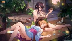 Rule 34 | 2girls, arm support, artist request, ass, bamboo screen, barefoot, book, breasts, bucket, bug, choko (cup), crossed legs, cup, detached sleeves, dripping, drunk, fireflies, hair bun, halterneck, head on another&#039;s leg, highres, holding, holding book, insect, japanese clothes, kimono, lantern, lap pillow, large breasts, leaf, legs, lips, logo, long hair, looking at viewer, mahjong soul, medium breasts, moth, multiple girls, nail polish, night, obi, off shoulder, official alternate costume, official art, onodera nanaha, orange hair, outdoors, paper lantern, parted lips, patio, porch, reading, red-framed eyewear, red nails, red ribbon, ribbon, sandals, sash, semi-rimless eyewear, shoes, sideboob, sidelocks, sitting, sleeping, spill, terasaki chihori, tokkuri, tray, tree, under-rim eyewear, unworn shoes, wooden porch, yokozuwari, zouri