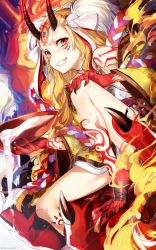 Rule 34 | 1girl, blonde hair, cup, facial mark, fate/grand order, fate (series), hand on own knee, holding, holding cup, horns, ibaraki douji (fate), japanese clothes, kimono, long hair, mika pikazo, oni, oni horns, slit pupils, solo, yellow eyes