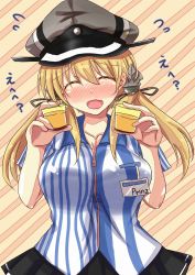 Rule 34 | 10s, 1girl, anchor hair ornament, black skirt, blonde hair, blush, breasts, chan (akuty ikkot), closed eyes, cup, dress shirt, drinking glass, employee uniform, hair ornament, hat, highres, holding, holding cup, holding drinking glass, kantai collection, large breasts, lawson, microskirt, name tag, open mouth, peaked cap, prinz eugen (kancolle), shirt, short sleeves, skirt, solo, striped clothes, striped shirt, uniform
