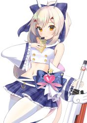 Rule 34 | 1girl, absurdres, ayanami (azur lane), ayanami (low-key idol @confused) (azur lane), ayanami (low-key idol @confused) (azur lane), azur lane, bow, breasts, buttons, chan&#039;nu, closed mouth, cowboy shot, crop top, detached sleeves, double-breasted, flower, frilled skirt, frilled sleeves, frills, hair bow, hand on own chest, headpiece, heart, highres, long hair, looking at viewer, medium breasts, midriff, miniskirt, navel, orange eyes, plaid, plaid bow, plaid skirt, silver hair, simple background, skindentation, skirt, smile, solo, sword, thighhighs, triangle hair ornament, weapon, white background, white thighhighs, wide sleeves, wing ornament