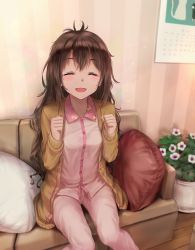 Rule 34 | 10s, 1girl, ^ ^, blurry, brown hair, calendar, cardigan, clenched hands, closed eyes, commentary request, couch, depth of field, closed eyes, facing viewer, flower, flower pot, idolmaster, idolmaster cinderella girls, indoors, kachayori, long hair, messy hair, open mouth, pajamas, pillow, shimamura uzuki, sitting, smile, solo, wooden floor