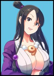 Rule 34 | 1girl, abiko yuuji, ace attorney, black border, black eyes, black hair, blue background, border, breasts, capcom, cleavage, closed mouth, hair ornament, half updo, highres, japanese clothes, jewelry, large breasts, lips, long hair, looking at viewer, magatama, magatama necklace, maya fey, mia fey, mole, mole under mouth, necklace, phoenix wright: ace attorney - trials and tribulations, possessed, possession, simple background, solo