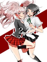 Rule 34 | badge, black footwear, black hair, black shirt, black skirt, blonde hair, blue eyes, blush, boots, bow, button badge, calf boots, calf socks, collared shirt, danganronpa: trigger happy havoc, danganronpa (series), earrings, enoshima junko, face, feet out of frame, freckles, full body, green ribbon, grey eyes, grin, happy, head, ikusaba mukuro, incest, jewelry, knee up, leg up, legs, long hair, looking at another, looking at viewer, medium hair, miniskirt, multicolored background, multicolored bow, neck ribbon, nose, open mouth, pale skin, parted bangs, piercing, plaid, plaid skirt, pleated skirt, red background, red bow, red skirt, ribbon, shirt, shoelaces, siblings, simple background, sisters, skirt, smile, standing, surprised, teeth, thighs, tongue, twincest, twins, twintails, upper teeth only, white background, white bow, white shirt, yuri