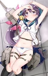 Rule 34 | 1girl, ahoge, akebono (kancolle), armpits, arms up, bell, blue skirt, blush, bow, bow bra, bow panties, bra, breasts, cannon, closed mouth, collarbone, commentary request, damaged, flower, groin, hair bell, hair between eyes, hair flower, hair ornament, hair ribbon, hamaken. (novelize), highres, jingle bell, kantai collection, long hair, lying, machinery, navel, no pants, on back, panties, pink ribbon, pleated skirt, purple eyes, purple hair, ribbon, rigging, sailor collar, school uniform, serafuku, shirt, short sleeves, side ponytail, sidelocks, skirt, small breasts, stomach, strap, sweat, thigh strap, thighs, torn clothes, torn shirt, torn skirt, torpedo launcher, turret, underwear, very long hair, white bra, white panties, white shirt