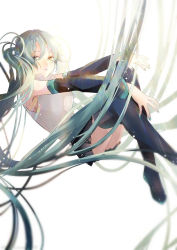 Rule 34 | 1girl, aqua eyes, aqua hair, aqua nails, bare shoulders, black skirt, black sleeves, commentary, dated commentary, detached sleeves, expressionless, floating, floating hair, grey shirt, hair between eyes, hatsune miku, highres, long hair, looking at viewer, miniskirt, nail polish, necktie, parted lips, pleated skirt, shirt, skirt, sleeveless, sleeveless shirt, solo, thighhighs, twintails, un known9999, very long hair, vocaloid