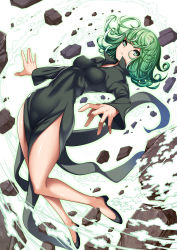 Rule 34 | 1girl, absurdres, black dress, black footwear, closed mouth, covered navel, dress, flipped hair, floating, frown, full body, green eyes, green hair, high heels, highres, impossible clothes, impossible dress, long sleeves, looking at viewer, matching hair/eyes, one-punch man, open \m/, rock, shoes, short hair, side slit, solo, spiral, takanashi-a, tatsumaki, telekinesis