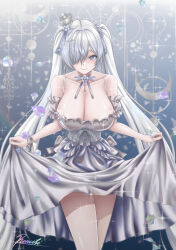 1girl absurdres armband bare_shoulders black_corset blue_eyes blush breasts cinderella_(glass_princess)_(nikke) cleavage closed_mouth clothes_lift collarbone commentary commission corset crown dress dress_lift english_commentary frilled_armband frilled_wristband frills goddess_of_victory:_nikke hair_ornament hair_over_one_eye hair_ribbon highres holding large_breasts leaning_forward long_hair long_sleeves looking_at_viewer mini_crown neck_ribbon ramiki_(ramesgoag) ribbon signature smile solo standing thighs twintails very_long_hair white_dress white_hair