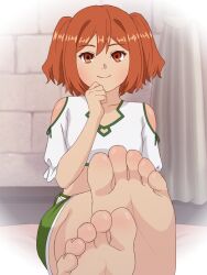 Rule 34 | 1girl, barefoot, brown eyes, brown hair, feet, highres, kanne (sousou no frieren), long hair, looking at viewer, paingoro, smile, soles, sousou no frieren, toes, twintails