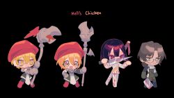 Rule 34 | 2boys, 2girls, absurdres, angellyuna, apron, black background, black hair, blonde hair, blush, brown hair, chef, chibi, closed mouth, don quixote (project moon), e.g.o (project moon), glasses, green apron, gregor (project moon), highres, holding, holding knife, holding staff, jacket, knife, limbus company, low ponytail, multiple boys, multiple girls, open mouth, pants, project moon, red eyes, ryoshu (project moon), short hair, simple background, sinclair (project moon), smile, staff, sweat, white jacket, white pants, yellow eyes