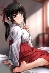 Rule 34 | 1girl, :o, absurdres, arm support, barefoot, black hair, blurry, blurry background, blush, breasts, brown eyes, depth of field, feet, from side, hakama, hakama skirt, hand up, highres, indoors, japanese clothes, kimono, long hair, long sleeves, looking at viewer, looking to the side, matsunaga kouyou, nose blush, original, parted lips, ponytail, red hakama, sidelocks, sitting, skirt, sleeves past wrists, small breasts, soles, solo, toes, wariza, white kimono, wide sleeves