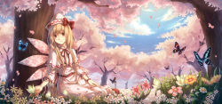 Rule 34 | 1girl, blonde hair, bow, bug, butterfly, capelet, cherry blossoms, cloud, cloudy sky, dress, field, flower, flower field, grass, hat, hat ribbon, highres, bug, lily white, long hair, long sleeves, petals, red eyes, ribbon, sitting, sky, smile, touhou, tree, white dress, wings, yezhi na, yokozuwari