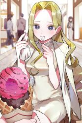 1girl absurdres blonde_hair blue_eyes blush food highres ice_cream kimi_no_koto_ga_dai_dai_dai_dai_daisuki_na_100-nin_no_kanojo long_hair nozawa_yukiko official_art utsukushisugi_mimimi