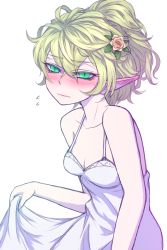 Rule 34 | 1girl, alternate costume, bags under eyes, bare arms, bare shoulders, blonde hair, blush, breasts, curtsey, dress, ear blush, flower, flying sweatdrops, green eyes, hair flower, hair ornament, looking at viewer, medium breasts, miata (miata8674), mizuhashi parsee, nose blush, pointy ears, ponytail, rose, short hair, shy, slit pupils, solo, sundress, touhou, wavy mouth