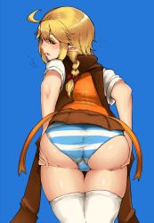 Rule 34 | 1girl, ahoge, ass, ass grab, blonde hair, blue background, blush, bow, braid, brown eyes, deep skin, elf, embarrassed, flying sweatdrops, hair bow, huge ass, long hair, looking at viewer, looking back, open mouth, original, panties, pointy ears, sakushin, shiny skin, simple background, skirt, solo, striped clothes, striped panties, thighhighs, underwear, white thighhighs