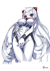 Rule 34 | 10s, 1girl, abyssal ship, airfield princess, breasts, covered erect nipples, horns, kantai collection, leotard, leotard lift, leotard pull, long hair, pale skin, red eyes, riccae, solo, white hair