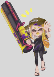 Rule 34 | 1girl, absurdres, black pants, black shirt, blonde hair, brown headwear, carbon roller (splatoon), closed eyes, colored tongue, fang, flip-flops, grey background, hat, highres, holding, holding weapon, ink, ink tank (splatoon), inkling, inkling girl, inkling player character, nintendo, pants, pointy ears, sahata saba, sandals, shirt, simple background, smile, splatoon (series), tentacle hair, waving, weapon, yellow tongue