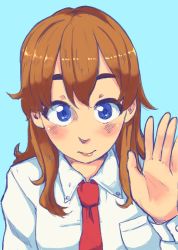 Rule 34 | 1girl, akiosketch, blue background, blue eyes, blush, breast pocket, brown hair, closed mouth, collared shirt, hand up, long hair, looking at viewer, necktie, original, pocket, red necktie, shirt, simple background, solo, upper body, white shirt, wing collar