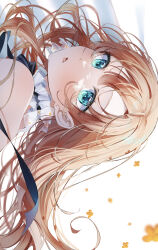 Rule 34 | 1girl, absurdres, aqua eyes, bare shoulders, blurry, blush, close-up, commentary, depth of field, falling flower, highres, long hair, looking at viewer, mahiru yura, neck garter, open mouth, orange hair, original, simple background, solo, symbol-only commentary, white background