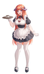 Rule 34 | 1girl, :d, absurdres, alternate costume, apron, arknights, bagpipe (arknights), black footwear, black skirt, blush, breasts, commentary, cup, enmaided, frilled apron, frills, full body, gloves, gongbangmanchi (daisy cutter), hand up, highres, holding, holding tray, horns, large breasts, long hair, looking at viewer, maid, mary janes, miniskirt, open mouth, orange hair, puffy short sleeves, puffy sleeves, purple eyes, shoes, short sleeves, simple background, skirt, smile, solo, standing, teacup, thighhighs, tray, very long hair, white apron, white background, white gloves, white thighhighs, wrist cuffs, zettai ryouiki
