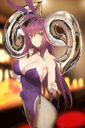 Rule 34 | 1girl, 69 (meme), animal ears, balloon, bare shoulders, black pantyhose, blurry, blurry background, bow, bowtie, breasts, bridal garter, cleavage, covered navel, cowboy shot, depth of field, detached collar, fake animal ears, fate/grand order, fate (series), fishnets, flower, from side, highres, indoors, large breasts, leotard, long hair, looking at viewer, official alternate costume, pantyhose, playboy bunny, purple bow, purple bowtie, purple flower, purple hair, purple rose, rabbit ears, red eyes, rose, scathach (fate), scathach (piercing bunny) (fate), side-tie leotard, smile, solo, standing, strapless, strapless leotard, throtem, very long hair, wrist cuffs