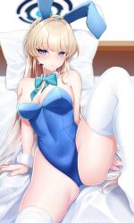 Rule 34 | 1girl, animal ears, arm support, blonde hair, blue archive, blue eyes, blue leotard, bow, bowtie, breasts, cleavage, detached collar, earpiece, fake animal ears, hair bow, highleg, highleg leotard, highres, knee up, leotard, long hair, medium breasts, official alternate costume, on bed, pillow, playboy bunny, rabbit ears, sitting, strapless, strapless leotard, thighhighs, toki (blue archive), toki (bunny) (blue archive), white thighhighs, wrist cuffs, yazuki (n y 0714)