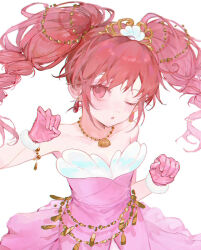 Rule 34 | 1girl, :o, bare shoulders, clenched hand, crown, dorannnn, dress, drill hair, earrings, fine (futagohime), fushigiboshi no futago hime, gloves, highres, jewelry, long hair, looking at viewer, necklace, one eye closed, pink dress, pink eyes, pink gloves, pink hair, simple background, solo, white background