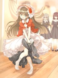Rule 34 | 3girls, belt, black dress, black footwear, blush, bonnet, breasts, bridal garter, brown hair, cleavage, dress, embarrassed, female focus, frilled dress, frills, full body, grey eyes, hands up, have to pee, highres, holding, indoors, knees together feet apart, long hair, long sleeves, looking at another, mary janes, matching hair/eyes, minoco, multiple girls, nose blush, open mouth, original, own hands together, peeing, peeing self, pigeon-toed, pinstripe pattern, red hair, shoes, silver hair, small breasts, socks, solo focus, standing, striped, surprised, sweat, tears, v arms, wet, wet clothes, white dress, white legwear
