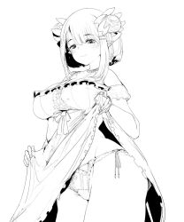 1girl bad_id bad_twitter_id blush breasts buttons center_frills closed_mouth clothes_lift commentary_request cowboy_shot double_bun dress dress_lift frills greyscale hair_bun hair_ornament hairclip highres honey_strap ikada large_breasts looking_at_viewer monochrome nanashi_inc. panties pointy_ears short_hair side-tie_panties sidelocks simple_background smile solo suou_patra underbust underwear virtual_youtuber