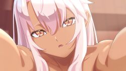 Rule 34 | 19 chisinlo, 1girl, bare shoulders, chloe von einzbern, collarbone, dark-skinned female, dark skin, face-to-face, fate/kaleid liner prisma illya, fate (series), hair between eyes, highres, hug, implied nudity, implied sex, long hair, looking at viewer, mixed eye color, open mouth, orange eyes, outstretched arms, perfection, pink hair, sidelocks, solo, topless