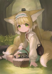 Rule 34 | 1girl, absurdres, animal, animal ear fluff, animal ears, animal on head, arknights, bag, basket, black footwear, blonde hair, blue hairband, blush, brown bag, cat, closed mouth, commentary request, forest, full body, go-sai tamanegi, grass, green eyes, green skirt, hairband, handbag, highres, long hair, long sleeves, looking at viewer, luo xiaohei zhanji, multiple tails, nature, on head, outdoors, red ribbon, ribbon, shirt, sidelocks, sitting, skirt, smile, socks, solo, suzuran (arknights), suzuran (spring praise) (arknights), tail, tree, white shirt, white socks, yokozuwari