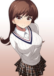 Rule 34 | 1girl, alternate costume, arms behind back, blush, breasts, brown eyes, brown hair, brown skirt, cardigan, casual, closed mouth, collared shirt, eyelashes, gradient background, highres, kantai collection, long hair, long sleeves, medium breasts, nel-c, ooi (kancolle), plaid, plaid skirt, pleated skirt, ribbed sweater, shirt, simple background, skirt, solo, sweater, white background, white shirt, white sweater