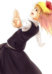 Rule 34 | 1girl, bad id, bad pixiv id, blonde hair, dutch angle, embodiment of scarlet devil, fang, female focus, foreshortening, from behind, looking back, nishiuri, outstretched arms, profile, rumia, sideways mouth, simple background, smile, solo, spread arms, touhou, white background