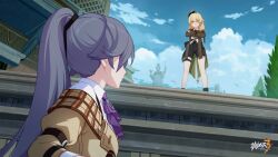 Rule 34 | 1boy, 1girl, ascot, black hairband, blonde hair, chinese commentary, cloud, cloudy sky, crossed arms, fu hua, fu hua (hawk of the fog), fu hua (valkyrie accipiter), hair between eyes, hairband, high ponytail, highres, honkai (series), honkai impact 3rd, james moriarty (honkai impact), logo, looking at another, official alternate costume, official art, official wallpaper, outdoors, purple ascot, sky, star (symbol), thigh strap