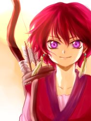 Rule 34 | 1girl, akatsuki no yona, arrow (projectile), bow, earrings, japanese clothes, jewelry, lsize, pink hair, purple eyes, quiver, red hair, short hair, smile, solo, sunset, yona (akatsuki no yona)