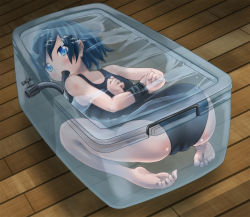 Rule 34 | 1girl, arms behind back, ass, bdsm, blue eyes, blue hair, bondage, bound, cameltoe, feet, female focus, h2o uw, in container, matching hair/eyes, original, short hair, soles, solo, swimsuit, toes, underwater, water