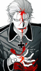 Rule 34 | 1boy, axis powers hetalia, blood, blood on face, blood on hands, blood on mouth, breast pocket, close-up, collared jacket, cross, fingernails, germany (hetalia), greek cross, half-closed eyes, hand up, hatching (texture), highres, iron cross, jacket, linear hatching, long sleeves, looking at viewer, male focus, messy hair, military uniform, monochrome, naotin3333, pocket, short hair, simple background, solo, spot color, sweat, uniform, upper body, veins, veiny face