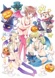 Rule 34 | 3girls, absurdres, aranya (atelier), atelier (series), atelier rorona, bandages, between legs, bikini, blue bikini, blue eyes, blue thighhighs, blue wings, blush, breasts, brown hair, candle, cat, commentary request, cuderia von feuerbach, demon horns, demon tail, demon wings, full body, green eyes, halloween, halloween costume, hand between legs, hat, highres, horns, horoholo (atelier), kishida mel, lionela heinze, long hair, looking at another, marionette, medium breasts, multiple girls, official art, open mouth, pink bikini, pink thighhighs, pink wings, pumpkin, pumpkin on head, puppet, purple bikini, purple eyes, purple thighhighs, purple wings, rororina fryxell, seiza, short hair, side-tie bikini bottom, sidelocks, sitting, small breasts, smile, star (symbol), sterkenburg cranach, swimsuit, tail, thighhighs, twintails, v, white background, wings