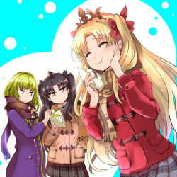 Rule 34 | 1other, 2girls, ^ ^, baozi, black hair, black scarf, black skirt, blonde hair, blush, brown coat, brown scarf, closed eyes, closed mouth, coat, commentary request, duffel coat, eating, enkidu (fate), ereshkigal (fate), fate/grand order, fate (series), food, foodgasm, glaring, green hair, hair ribbon, haku (grimjin), hand in pocket, hand on own cheek, hand on own face, holding, holding food, ishtar (fate), long hair, long sleeves, looking at another, multiple girls, plaid, plaid scarf, plaid skirt, pleated skirt, purple coat, red coat, red eyes, red ribbon, ribbon, scarf, skirt, tiara, two-tone background, two side up, winter clothes
