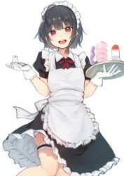 Rule 34 | 1girl, :d, apron, artificial vagina, black dress, black hair, blunt bangs, blush, bridal garter, dildo, dress, feet out of frame, frilled apron, frilled dress, frills, gloves, highres, holding, holding tray, leg up, maid, maid headdress, nagami yuu, neck ribbon, open mouth, original, puffy short sleeves, puffy sleeves, red eyes, red ribbon, ribbon, sex toy, short hair, short sleeves, simple background, smile, solo, standing, standing on one leg, tray, white apron, white background, white gloves