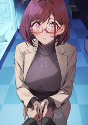 Rule 34 | 1boy, 1girl, 92m, absurdres, aquarium, black sweater, blush, breasts, brown jacket, checkered floor, commentary request, glasses, grey pants, highres, holding hands, jacket, jewelry, kinshi no ane (92m), large breasts, necklace, original, otouto (92m), pants, pink eyes, pov, red-framed eyewear, red hair, short hair, sweater, turtleneck, turtleneck sweater