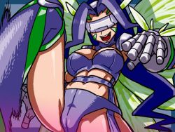 Rule 34 | 00s, 1girl, aruni, bandai, breasts, cleavage, curvy, digimon, digimon frontier, facial mark, fairimon, female focus, gauntlets, high kick, kicking, large breasts, lingerie, long hair, monster girl, open mouth, panties, purple hair, shiny skin, smile, solo, thighhighs, underwear, visor, wings