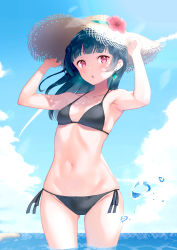 Rule 34 | 1girl, :o, absurdres, armpits, arms up, bare arms, bare shoulders, bikini, black bikini, black hair, black rock shooter, blue sky, blunt bangs, blush, breasts, collarbone, contrail, cowboy shot, day, earrings, flower, gluteal fold, groin, halterneck, hands on headwear, hat, hat flower, hat ornament, hibiscus, highres, horizon, jewelry, looking at viewer, love live!, love live! sunshine!!, ocean, open mouth, outdoors, purple eyes, segawa luna, side-tie bikini bottom, sky, small breasts, solo, string bikini, swimsuit, tsushima yoshiko, wading, water