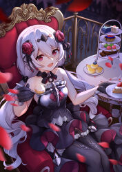 Rule 34 | 1girl, :d, absurdres, bare shoulders, black dress, black gloves, black thighhighs, blurry, blurry foreground, cake, cake slice, chair, chinese commentary, cup, dress, fang, flower, food, fork, gloves, hair between eyes, hair flower, hair ornament, highres, holding, holding plate, honkai (series), honkai impact 3rd, long hair, looking at viewer, macaron, open mouth, petals, plate, red eyes, red flower, red rose, rose, sitting, sleeveless, sleeveless dress, smile, solo, strapless, strapless dress, table, teacup, theresa apocalypse, theresa apocalypse (luna kindred), thighhighs, twintails, very long hair, white hair, yiduan zhu