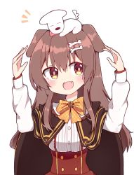 Rule 34 | 1girl, :3, :d, animal, animal ears, animal on head, arms up, blush, bone hair ornament, brown cape, brown eyes, brown hair, buttons, cape, center frills, dog ears, facing viewer, fang, frills, hair between eyes, hair ornament, hairclip, high-waist skirt, hololive, hoso-inu, inugami korone, inugami korone (street), long hair, long sleeves, on head, open mouth, rabiiandrain, red skirt, shirt, sideways glance, simple background, skirt, smile, solo, virtual youtuber, white background, white shirt
