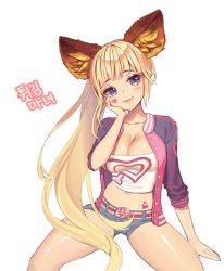 Rule 34 | 1girl, animal ears, belt, blonde hair, blouse, blue eyes, blue shorts, breasts, cleavage, collarbone, crop top, facial mark, hand on own cheek, hand on own face, hand up, head tilt, heart, highres, invisible chair, jacket, large breasts, large ears, long hair, looking at viewer, midriff, myabit, navel, open clothes, open jacket, original, pink jacket, ponytail, raglan sleeves, shirt, short shorts, shorts, sitting, smile, solo, spread legs, star-shaped pupils, star (symbol), stomach, symbol-shaped pupils, thighs, very long hair, white background, white shirt