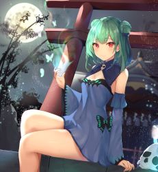 Rule 34 | 1girl, absurdres, blue dress, bow, breasts, brooch, bug, butterfly, detached sleeves, double bun, dress, green hair, hair bun, highres, hololive, huge filesize, insect, jewelry, long sleeves, looking at viewer, moon, necromancer, night, pagoda, red eyes, rock, shiina aoi, short hair, sitting, skull, sky, small breasts, smile, solo, star (sky), starry sky, tree, uruha rushia, uruha rushia (1st costume), virtual youtuber