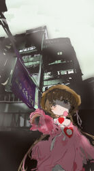Rule 34 | 1girl, :&lt;, absurdres, billboard, blush, brooch, brown hair, building, character name, closed mouth, collared dress, commentary request, cowboy shot, dress, fog, from below, grey eyes, hat, headset, heart, heart brooch, heart in eye, highres, jewelry, kabuyama kaigi, long sleeves, looking at viewer, looking down, multicolored eyes, name tag, neck ribbon, outstretched hand, pink dress, puffy long sleeves, puffy sleeves, purple eyes, ribbon, school hat, shade, solo, symbol in eye, tsukuyomi ai, urban, voiceroid, white ribbon