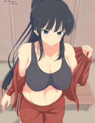 Rule 34 | 10s, 1girl, :/, alternate hairstyle, bad id, bad twitter id, bare shoulders, black eyes, black hair, blush, breasts, cleavage, closed mouth, collarbone, cowboy shot, from above, furiruno, groin, highres, ikaruga (senran kagura), jacket, large breasts, long hair, looking at viewer, navel, open clothes, open jacket, pants, ponytail, senran kagura, sidelocks, solo, sports bra, stomach, sweat, track jacket, track pants, track suit, undressing