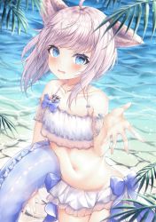 Rule 34 | 1girl, ahoge, animal ears, animated, animated gif, arknights, bare shoulders, beach, bikini, bikini skirt, blinking, blue bow, blue eyes, bow, caustics, collarbone, cowboy shot, day, detached sleeves, embarrassed, fox ears, huge filesize, ichizon, innertube, leaf, looking at viewer, material growth, midriff, navel, open mouth, oripathy lesion (arknights), outdoors, see-through, short hair, silver hair, slit pupils, solo, spaghetti strap, standing, stomach, sunlight, sussurro (arknights), swim ring, swimsuit, water, white bikini